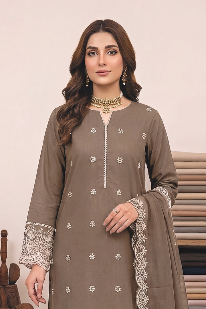 Rimal by UK Vol-48 3PC Unstitched Schiffli Embroidered Lawn Suit (Brown)