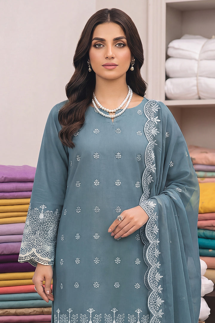 Rimal by UK Vol-48 3PC Unstitched Schiffli Embroidered Lawn Suit (Blue)