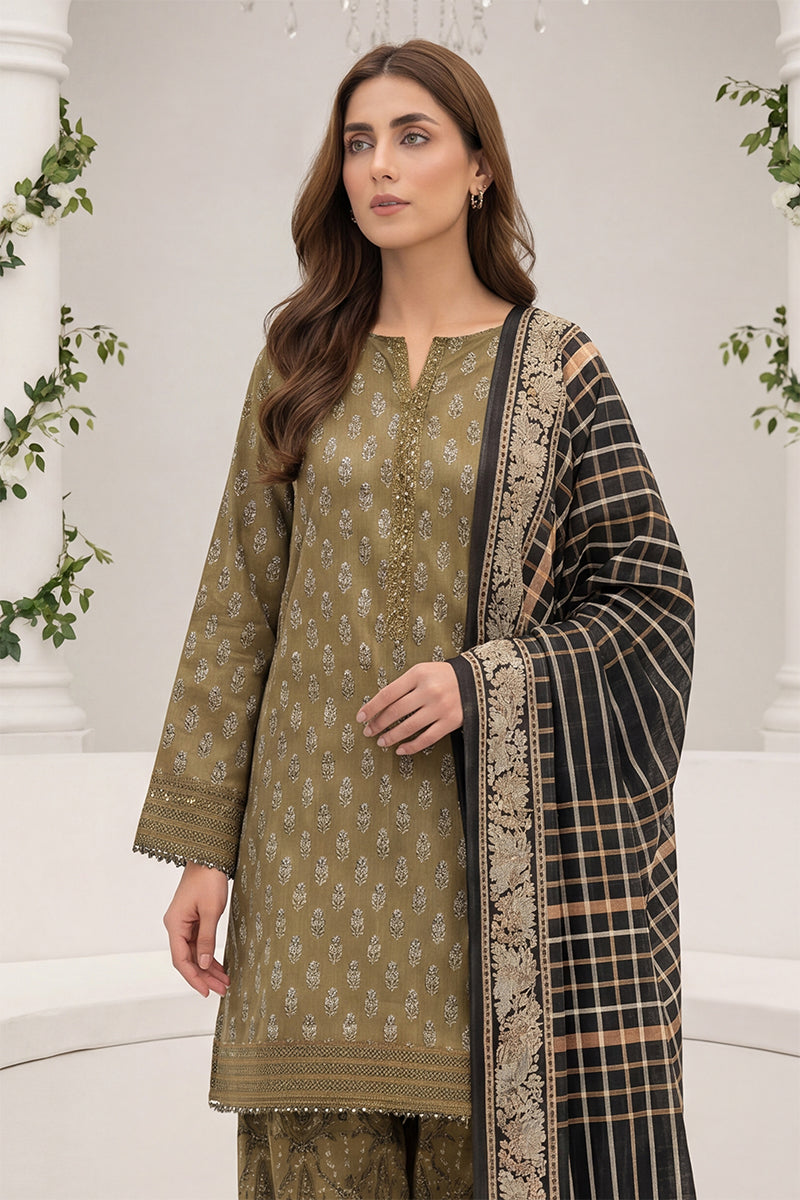 Keyseria by Jaffrani Textile Chapter-8 3PC Unstitched Printed Lawn Suit (Olive Green)