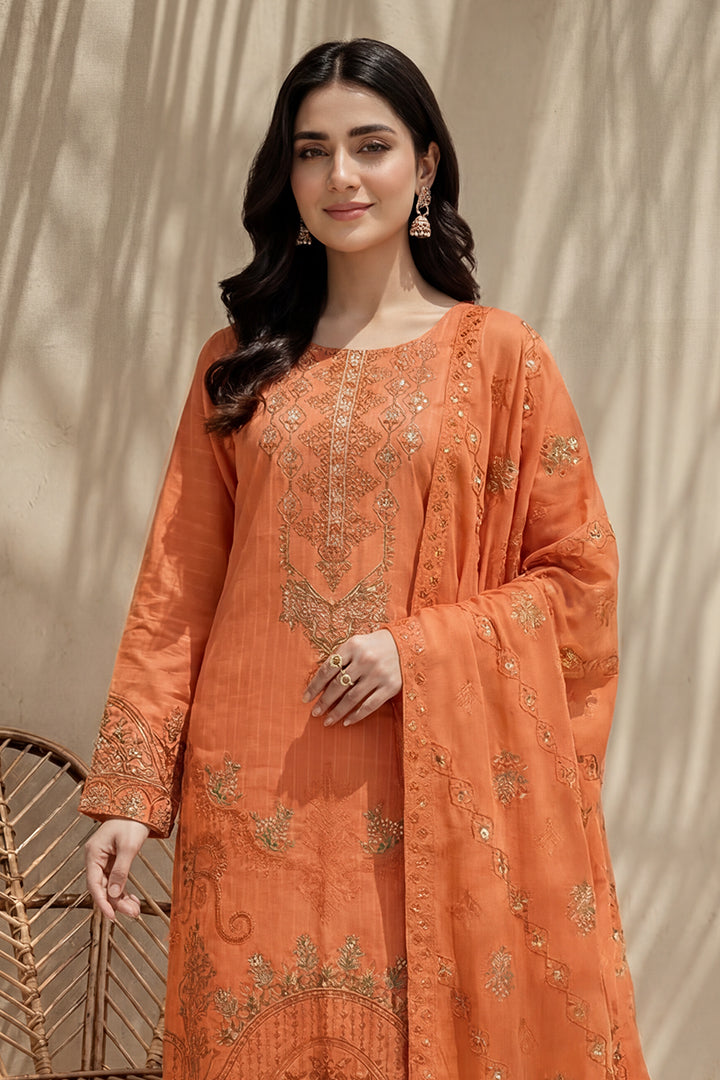 Amira by Breeza Fashion - 3PC Unstitched Embroidered Lawn Suit (Orange)
