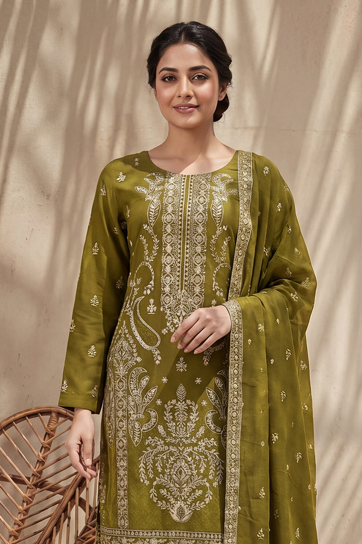 Badshah by Breeza Fashion - 3PC Unstitched Embroidered Lawn Suit (Olive Green)