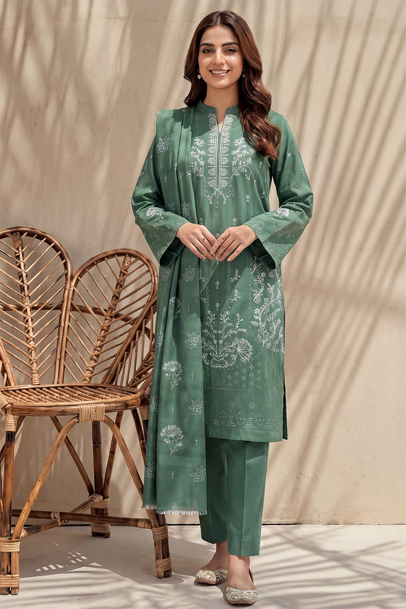 Mughal-E-Azam by Breeza Fashion - 3PC Unstitched Embroidered Lawn Suit (Teal Green)