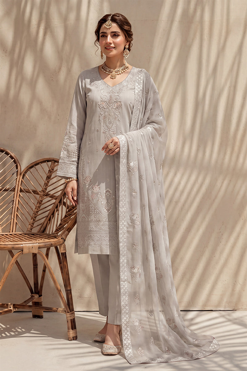 Nishah by Breeza Fashion - 3PC Unstitched Embroidered Lawn Suit (Silver)