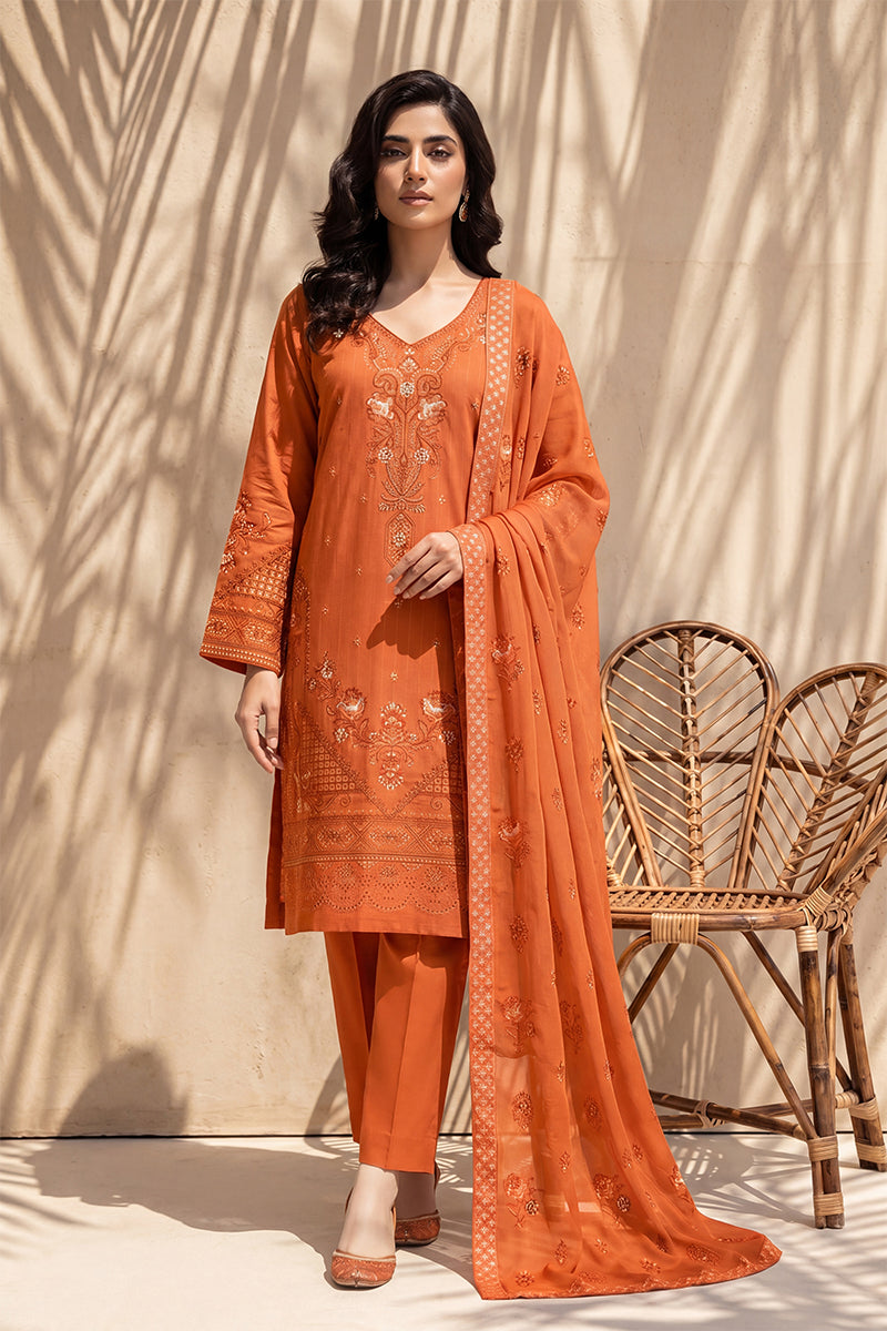 Nishah by Breeza Fashion - 3PC Unstitched Embroidered Lawn Suit (Orange)