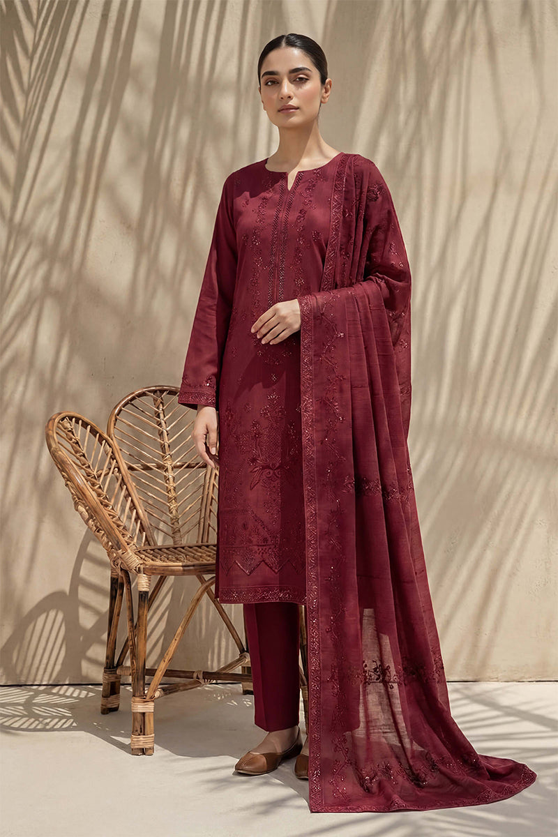Sania by Breeza Fashion - 3PC Unstitched Embroidered Lawn Suit (Maroon)