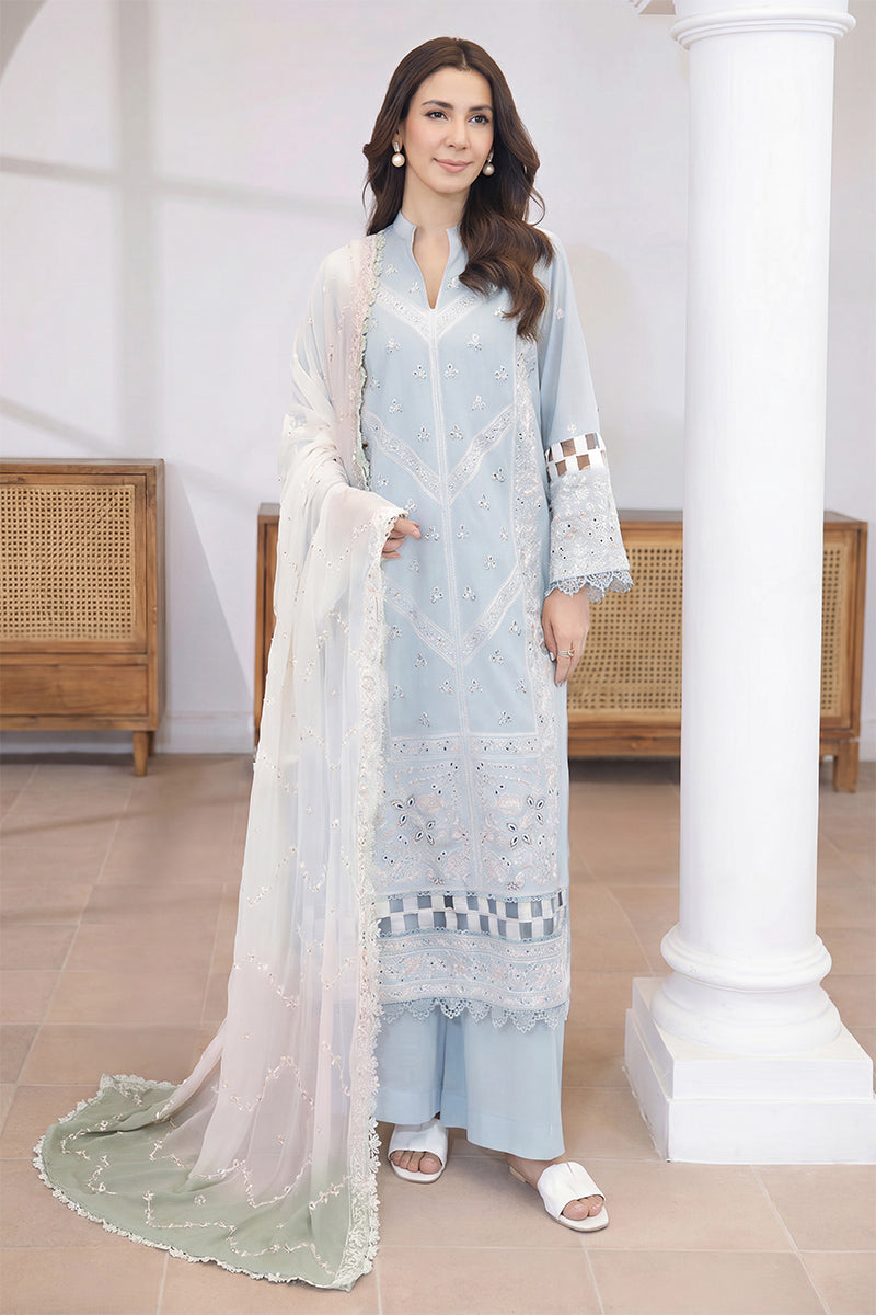 Mashaim By Johra - 3PC Unstitched Embroidered Lawn Suit (Light Blue & White)
