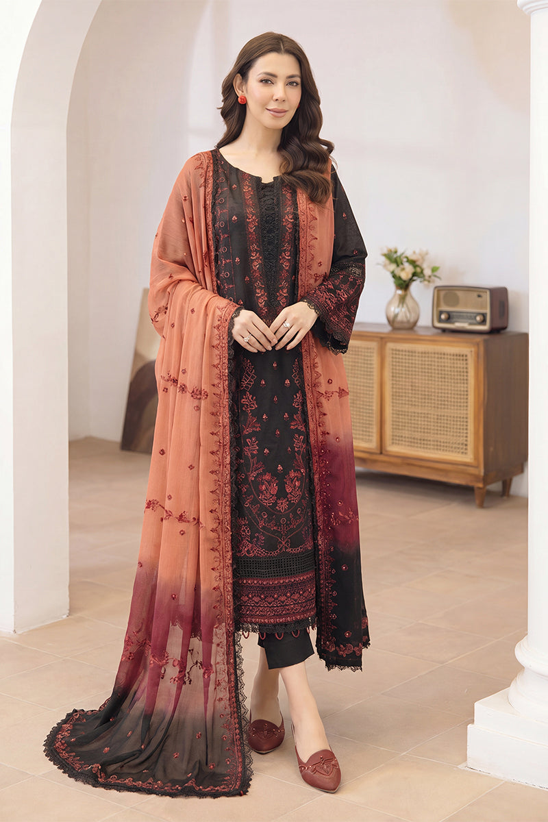Mashaim By Johra - 3PC Unstitched Embroidered Lawn Suit (Black & Terracotta)