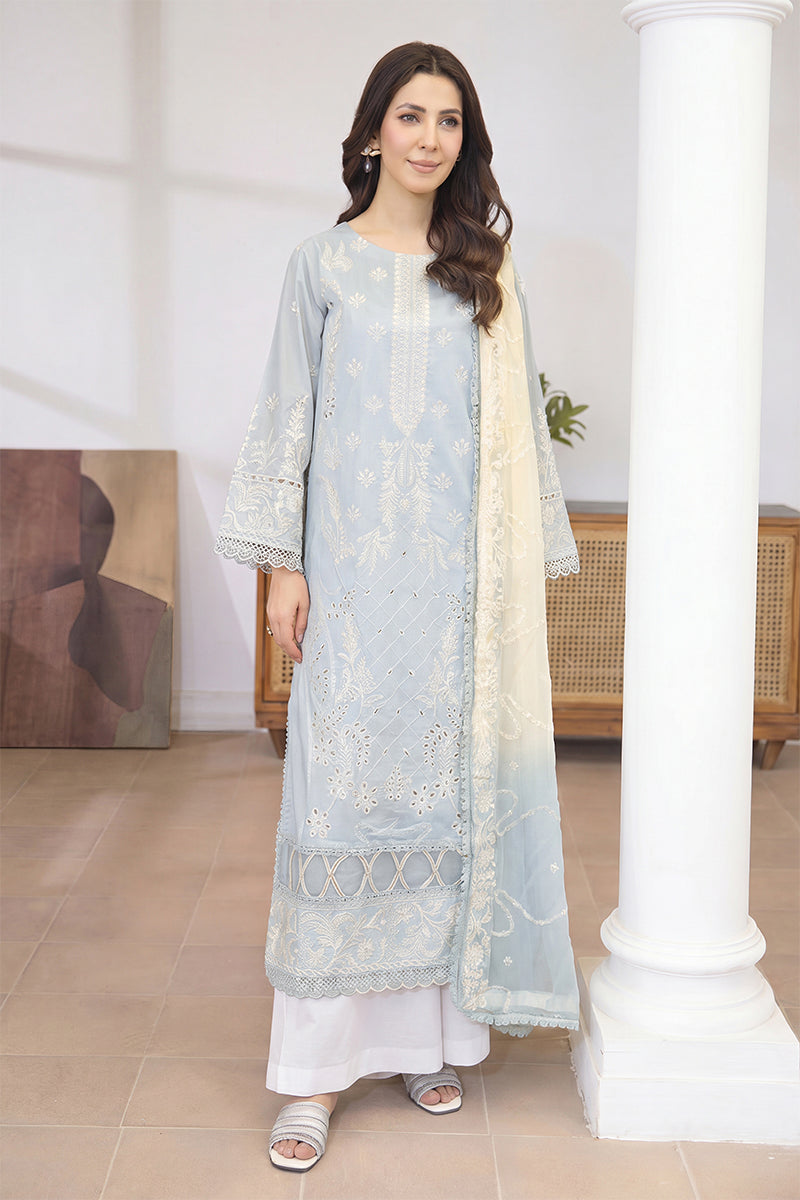 Mashaim By Johra - 3PC Unstitched Embroidered Lawn Suit (Light Aqua)