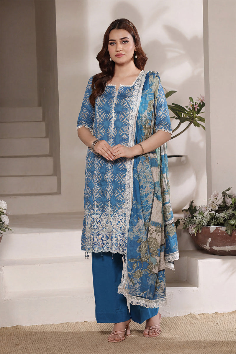 Dhagakari By Moosajee - 3PC Unstitched Embroidered Lawn Suit (Teal Blue)