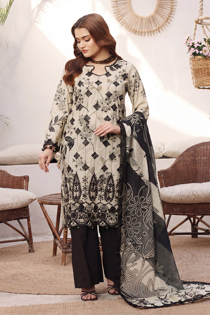 Dhagakari By Moosajee - 3PC Unstitched Embroidered Lawn Suit (Black & White)