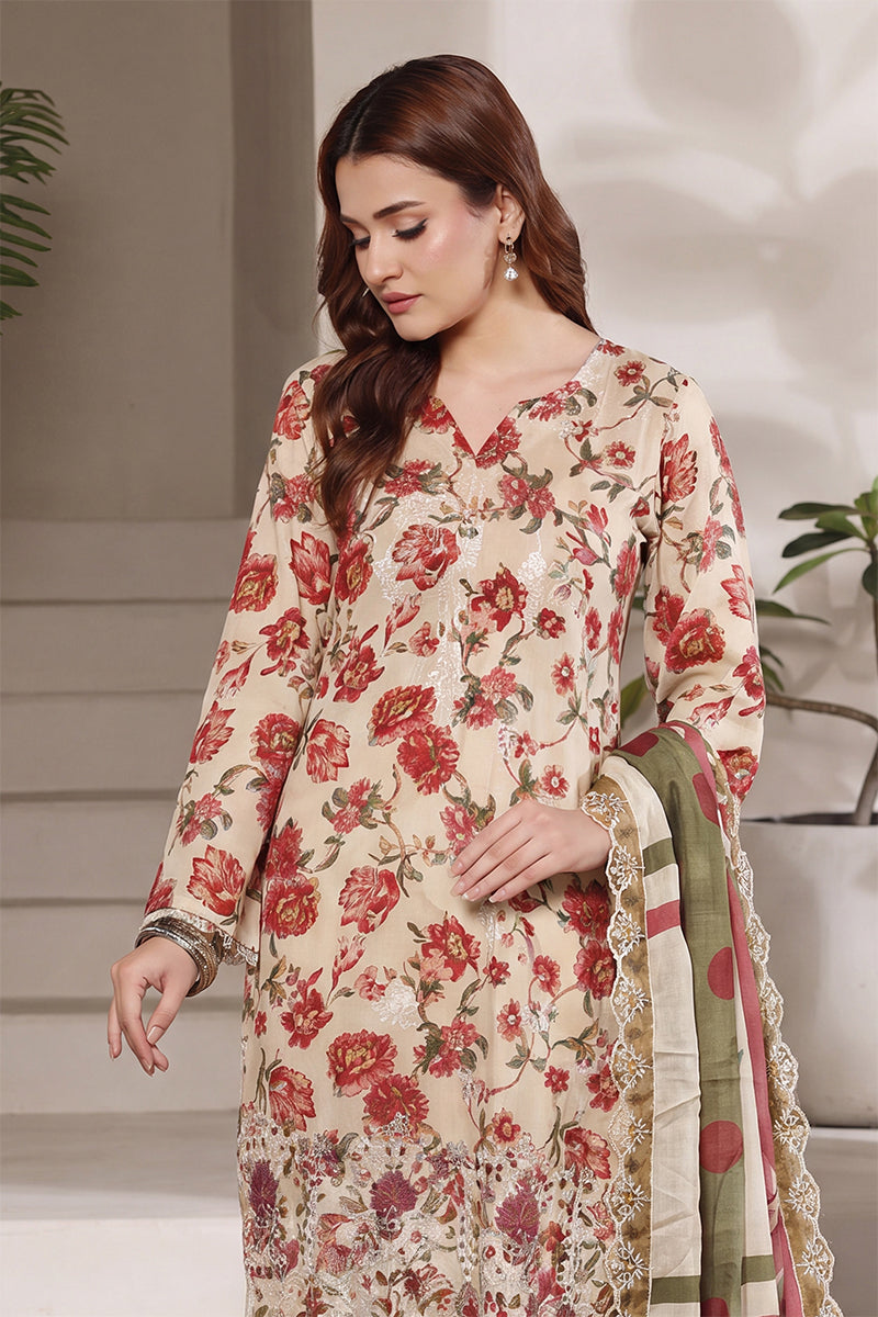 Dhagakari By Moosajee - 3PC Unstitched Embroidered Lawn Suit (Beige & Red)