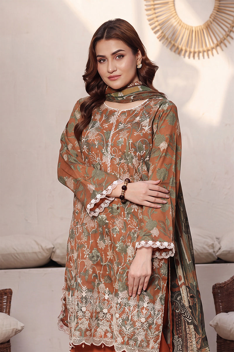 Dhagakari By Moosajee - 3PC Unstitched Embroidered Lawn Suit (Metallic Brown & Rust)