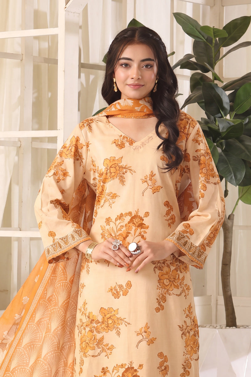 Izhaan Platinum By MJ - 3PC Unstitched Printed Lawn Suit (Yellow & Light Beige)