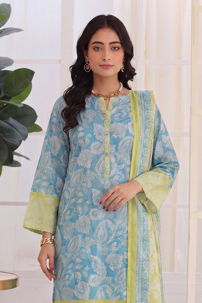 Izhaan Platinum By MJ - 3PC Unstitched Printed Lawn Suit (Teal Blue & Lime)