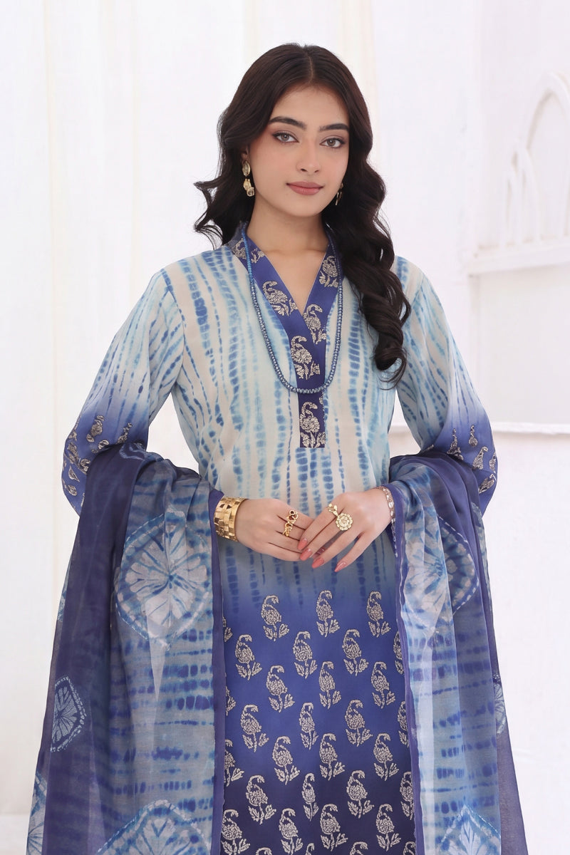 Izhaan Platinum By MJ - 3PC Unstitched Printed Lawn Suit (Royal Blue & Polo Blue)