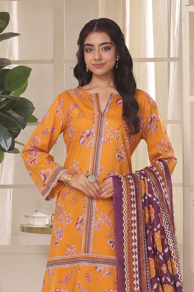 Izhaan Platinum By MJ - 3PC Unstitched Printed Lawn Suit (Orange & Purple)