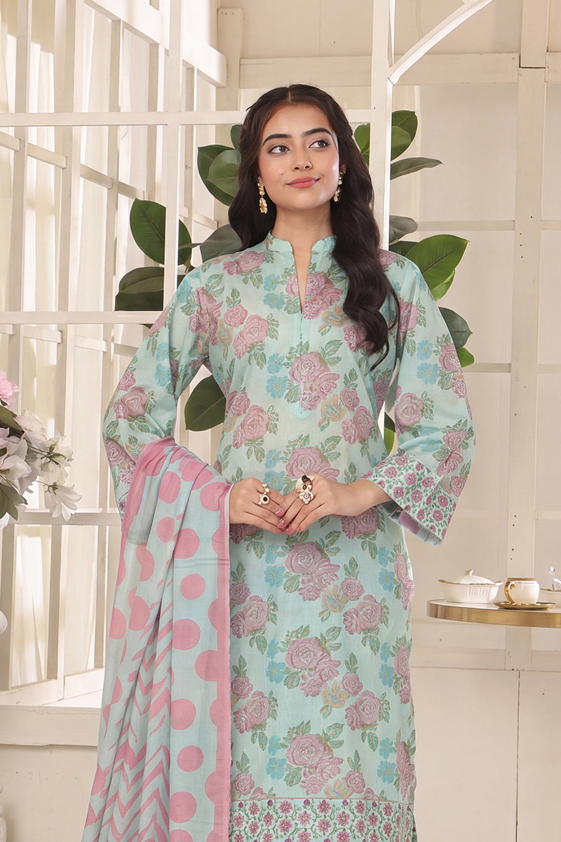 Izhaan Platinum By MJ - 3PC Unstitched Printed Lawn Suit (Pastel blue & Pink)