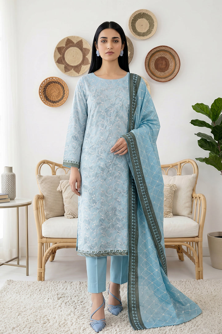 Rimal by UK Vol-61 3PC Unstitched Embroidered Lawn Suit (Light Blue)