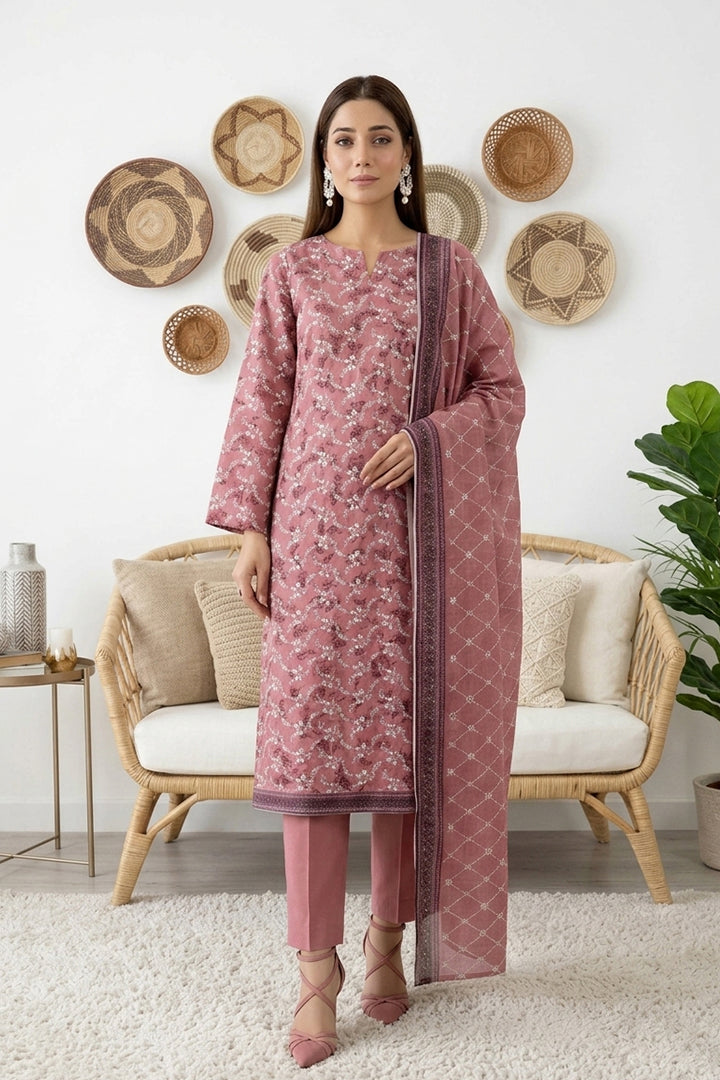 Rimal by UK Vol-61 3PC Unstitched Embroidered Lawn Suit (Light Maroon)