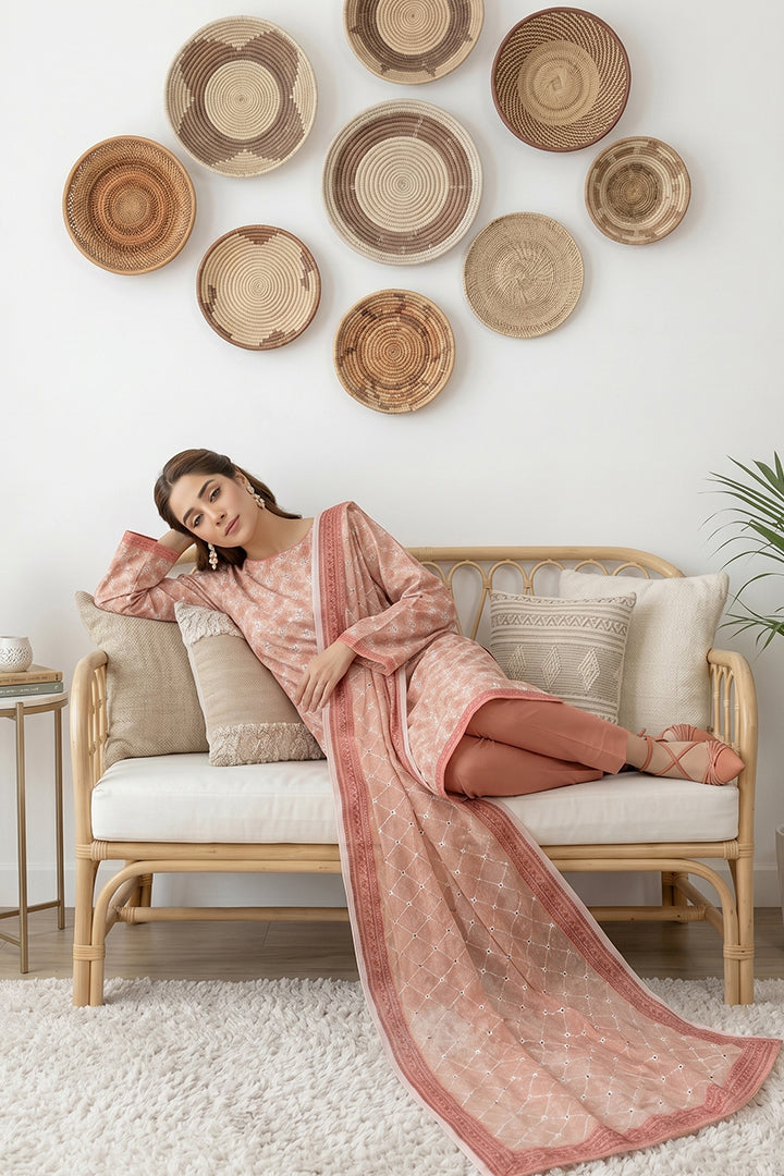 Rimal by UK Vol-61 3PC Unstitched Embroidered Lawn Suit (Peach)