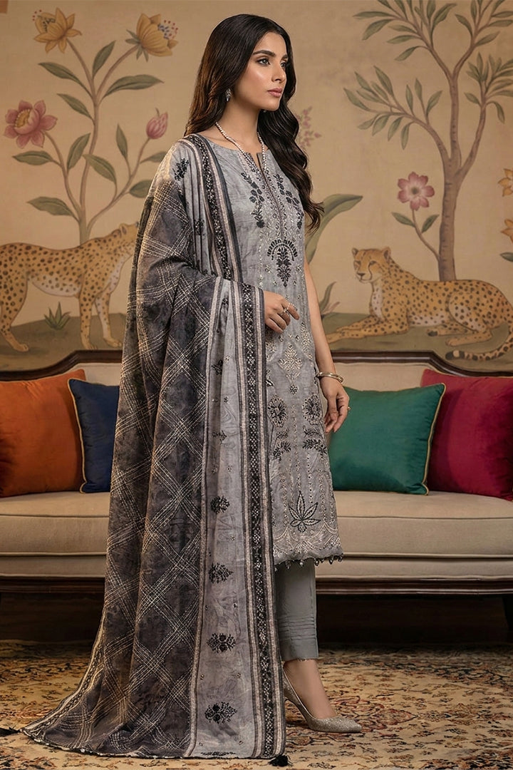Rimal by UK Vol-22 3PC Unstitched Embroidered Lawn Suit (Grey)