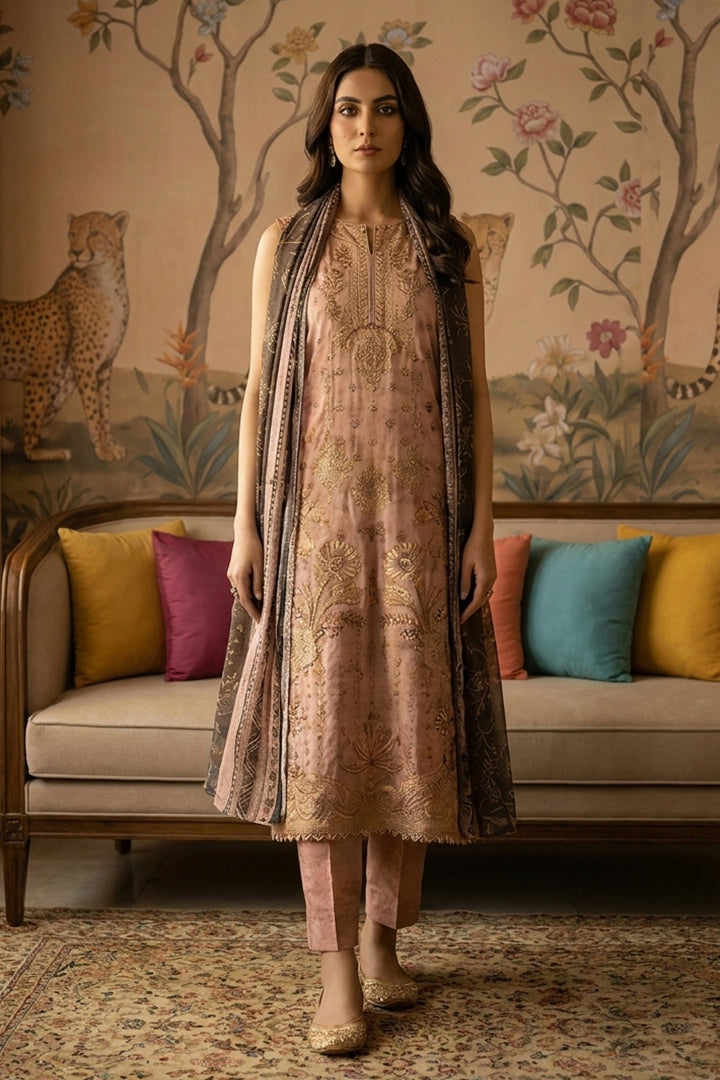 Rimal by UK Vol-22 3PC Unstitched Embroidered Lawn Suit (Gold)