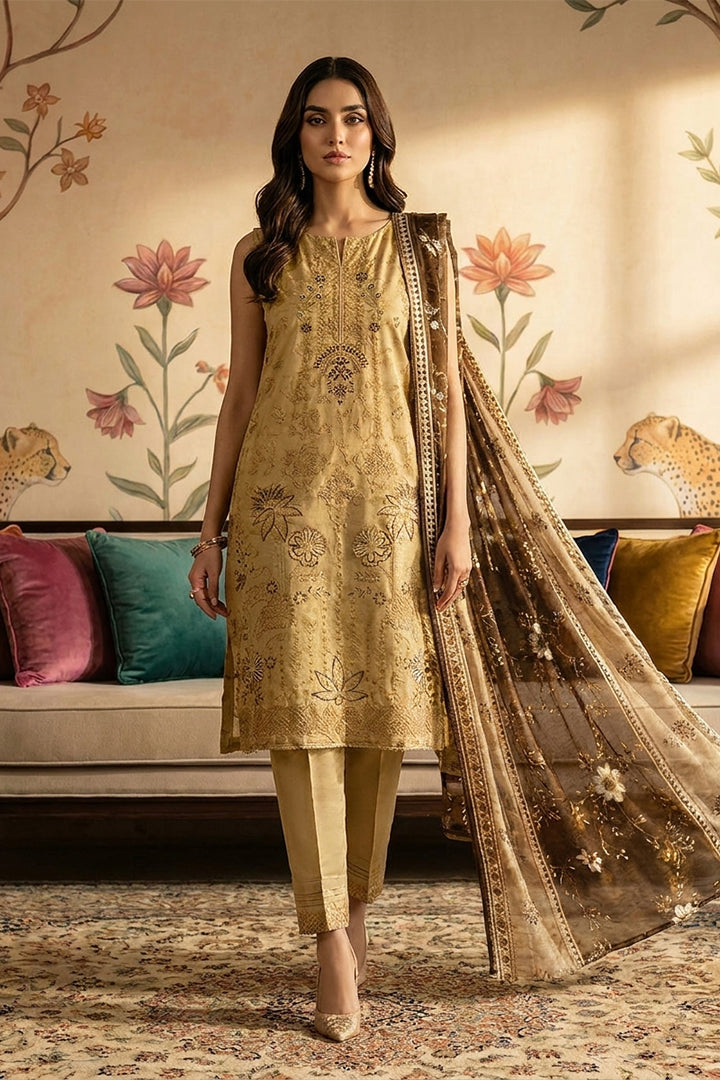 Rimal by UK Vol-22 3PC Unstitched Embroidered Lawn Suit (Light Brown)