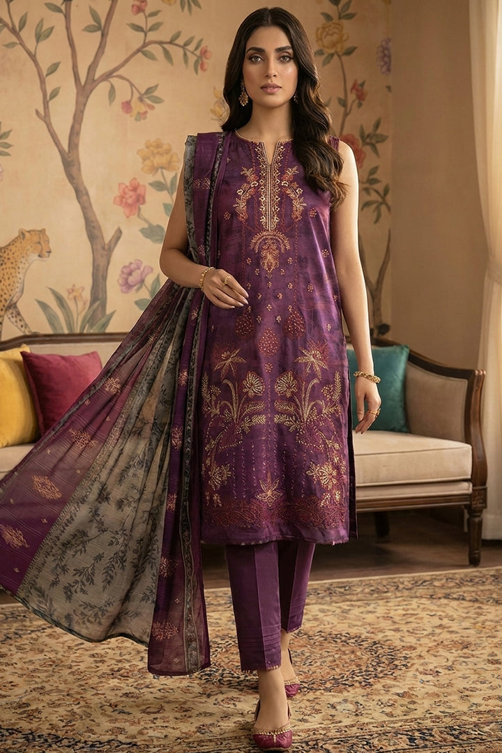 Rimal by UK Vol-22 3PC Unstitched Embroidered Lawn Suit (Purple)
