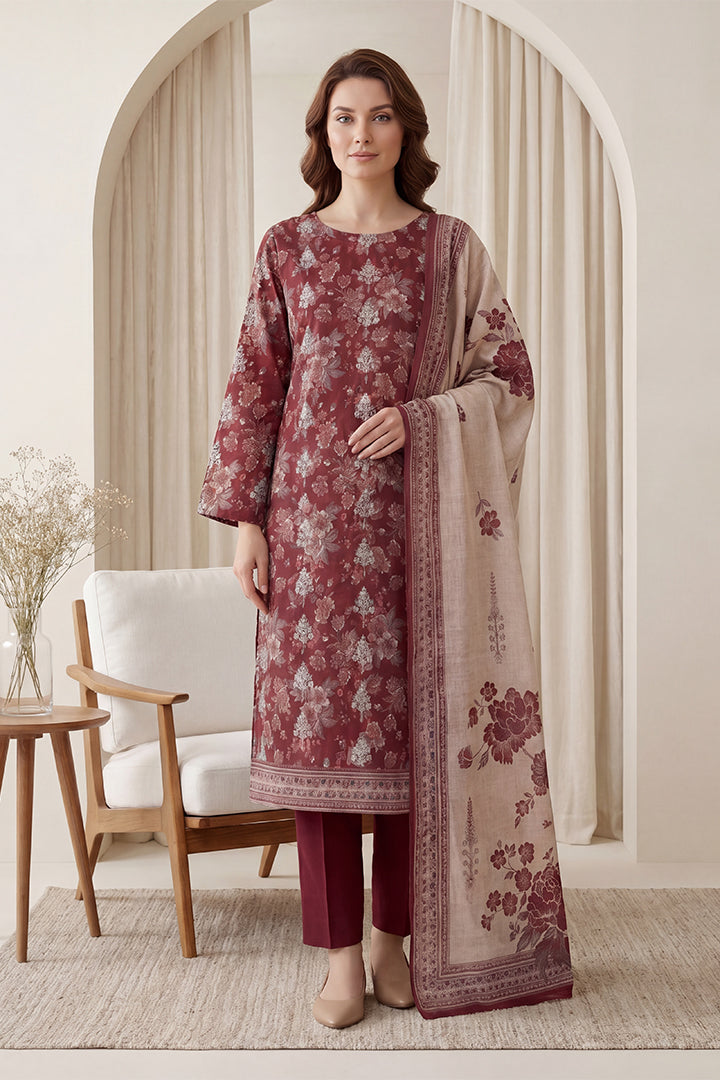 Rimal by UK Vol-65 3PC Unstitched Embroidered Lawn Suit (Light Maroon)