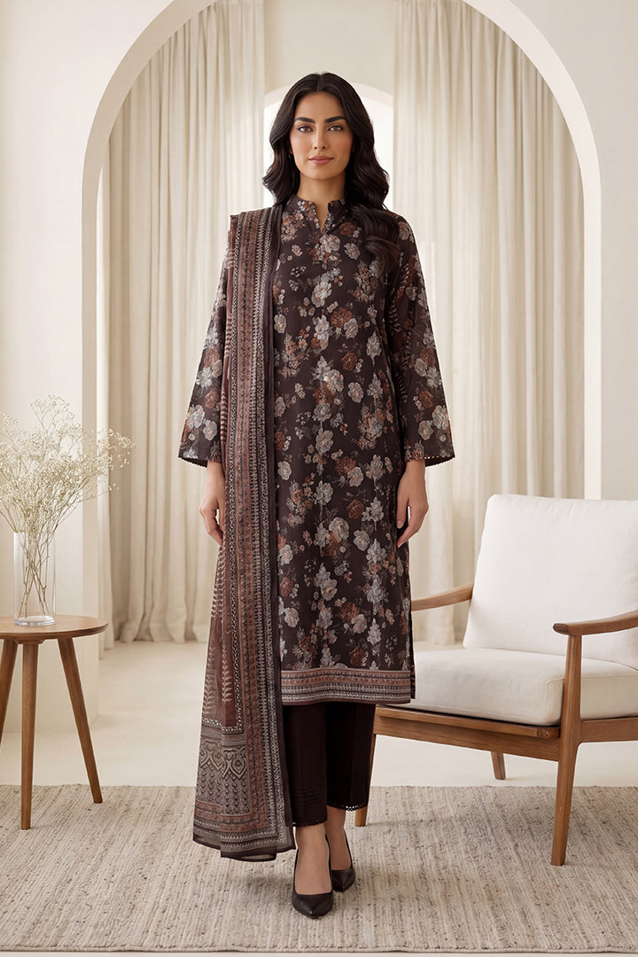 Rimal by UK Vol-65 3PC Unstitched Embroidered Lawn Suit (Dark Brown)