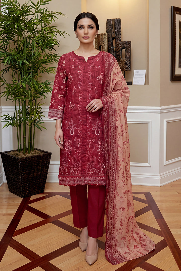 Rimal by UK Vol-46 3PC Unstitched Embroidered Lawn Suit (Red)