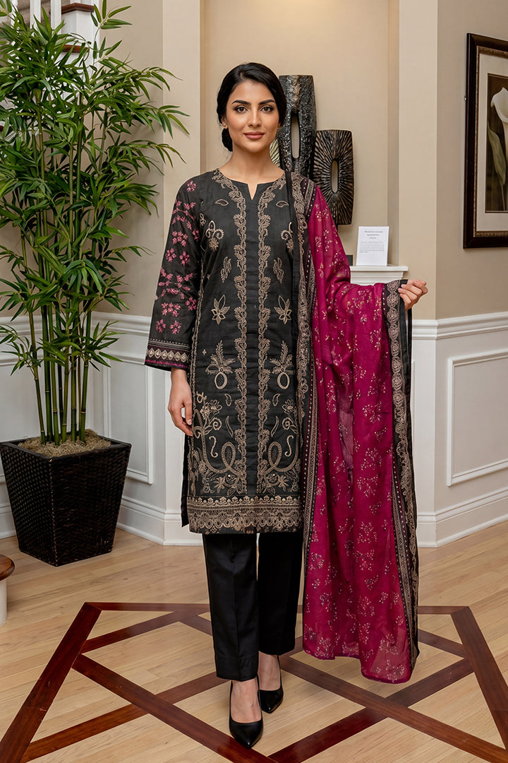 Rimal by UK Vol-46 3PC Unstitched Embroidered Lawn Suit (Black)