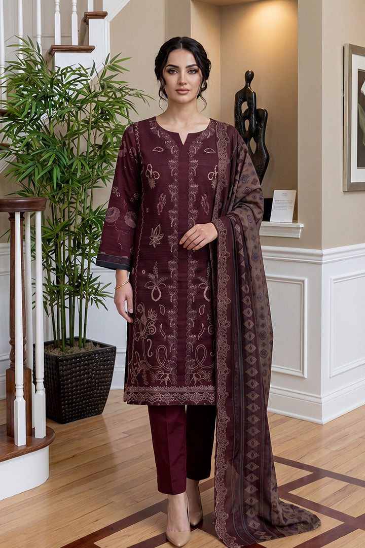 Rimal by UK Vol-46 3PC Unstitched Embroidered Lawn Suit (Maroon)