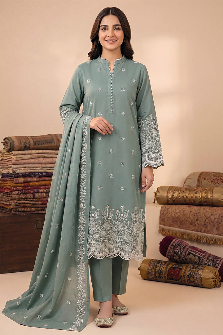 Rimal by UK Vol-48 3PC Unstitched Schiffli Embroidered Lawn Suit (Green)