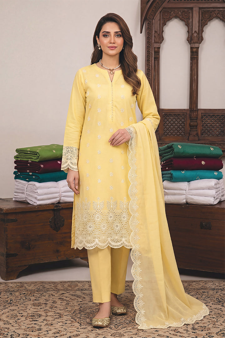 Rimal by UK Vol-48 3PC Unstitched Schiffli Embroidered Lawn Suit (Yellow)