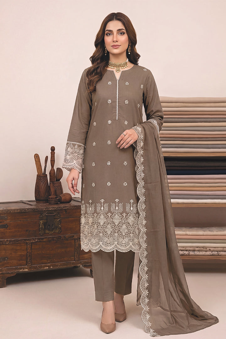 Rimal by UK Vol-48 3PC Unstitched Schiffli Embroidered Lawn Suit (Brown)