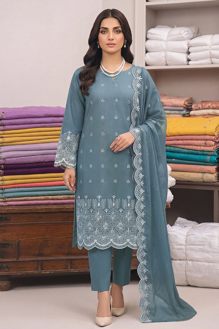 Rimal by UK Vol-48 3PC Unstitched Schiffli Embroidered Lawn Suit (Blue)