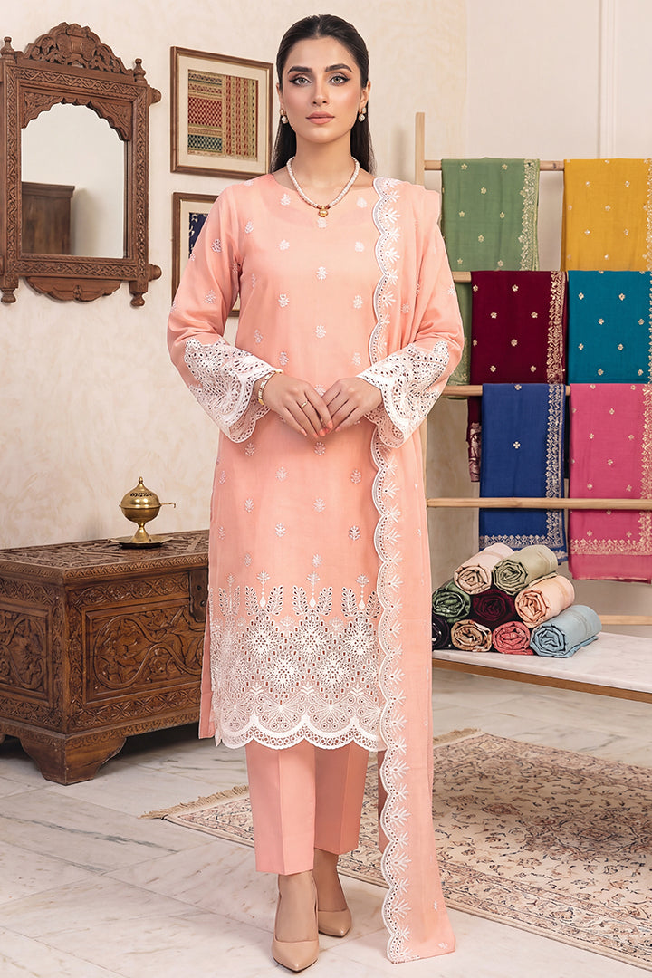 Rimal by UK Vol-48 3PC Unstitched Schiffli Embroidered Lawn Suit (Peach)