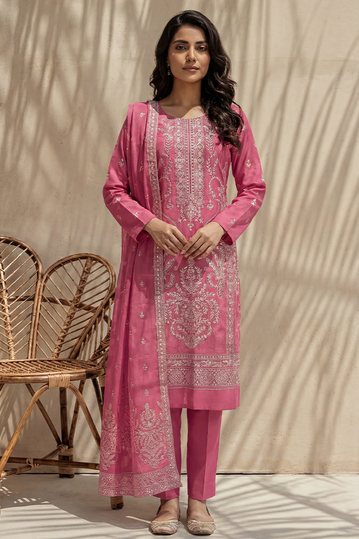 Badshah by Breeza Fashion - 3PC Unstitched Embroidered Lawn Suit (Pink)