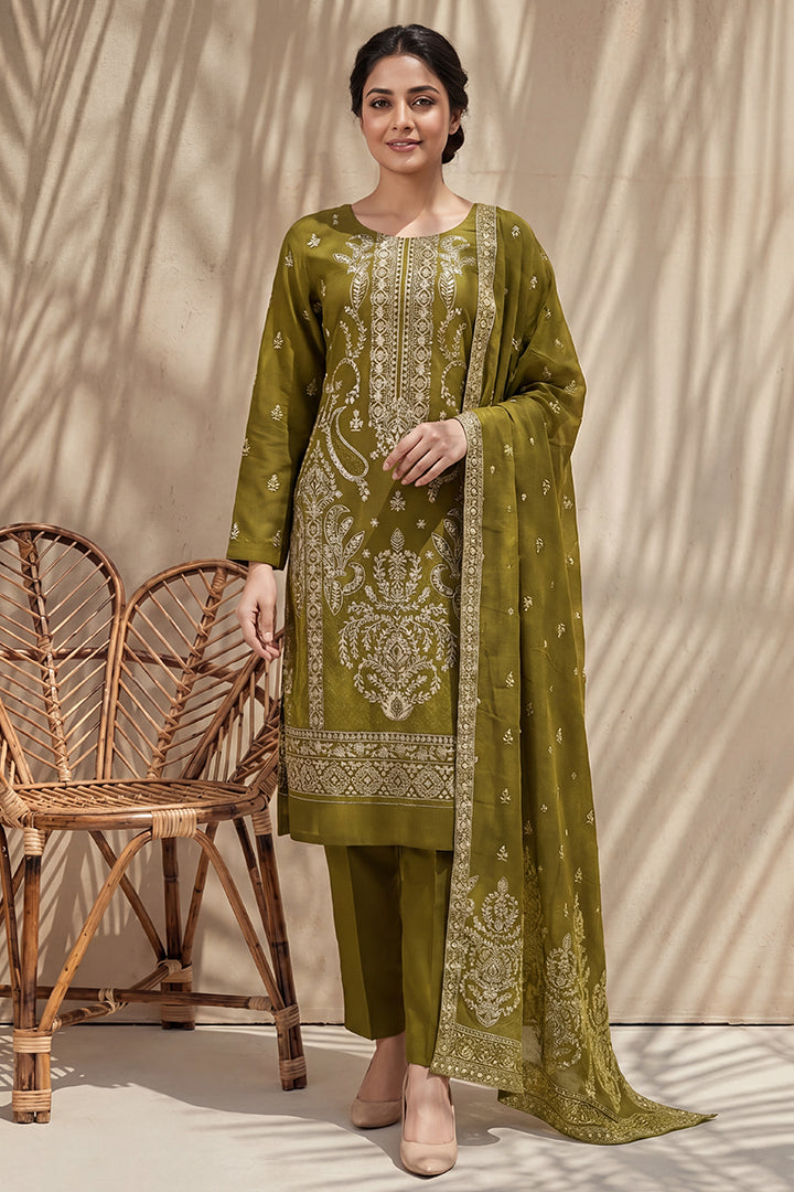 Badshah by Breeza Fashion - 3PC Unstitched Embroidered Lawn Suit (Olive Green)