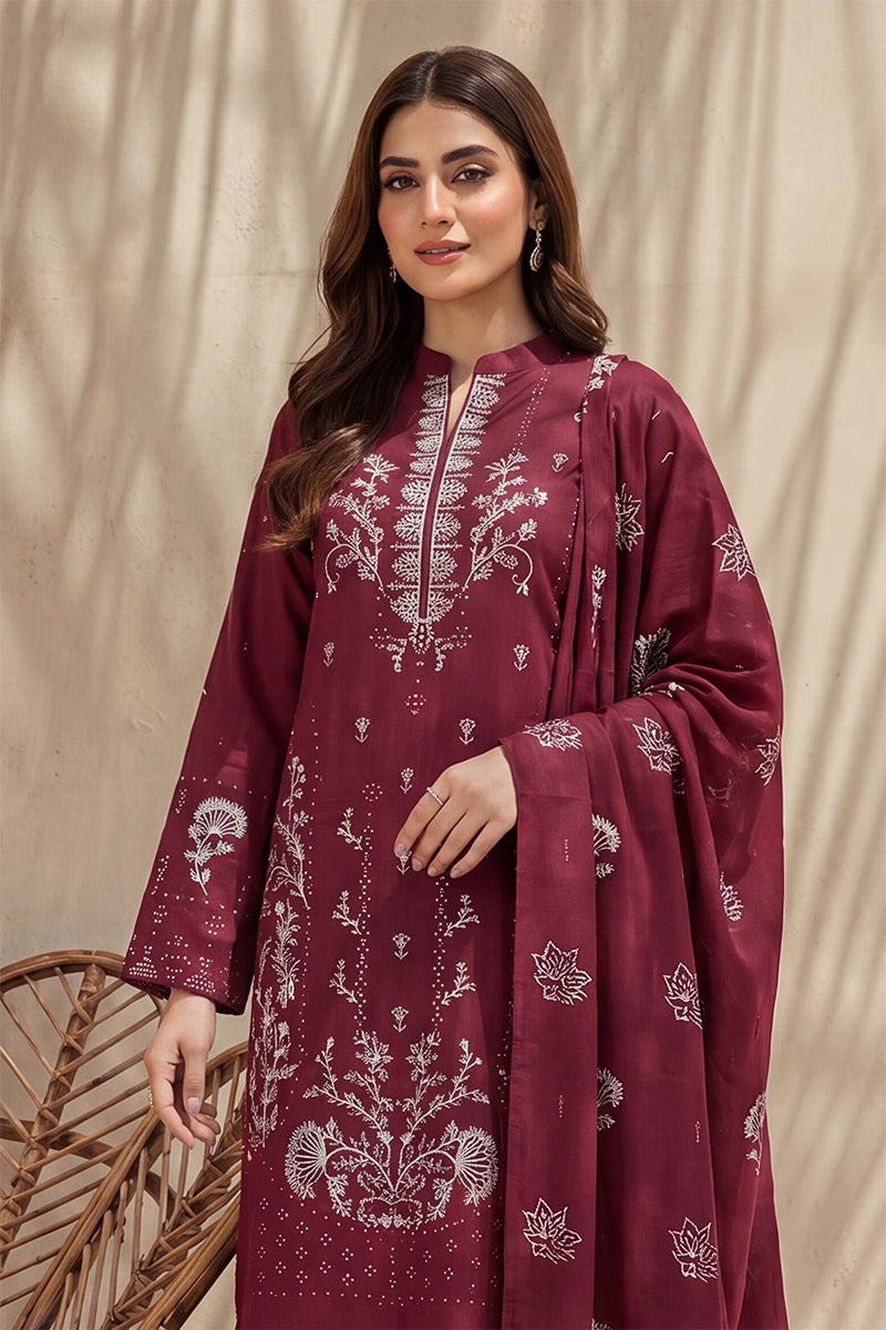 Mahanoor by Breeza Fashion - 3PC Unstitched Embroidered Lawn Suit (Maroon)