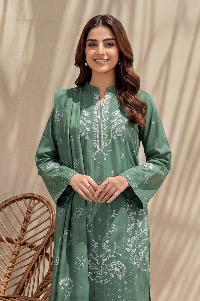 Mughal-E-Azam by Breeza Fashion - 3PC Unstitched Embroidered Lawn Suit (Teal Green)
