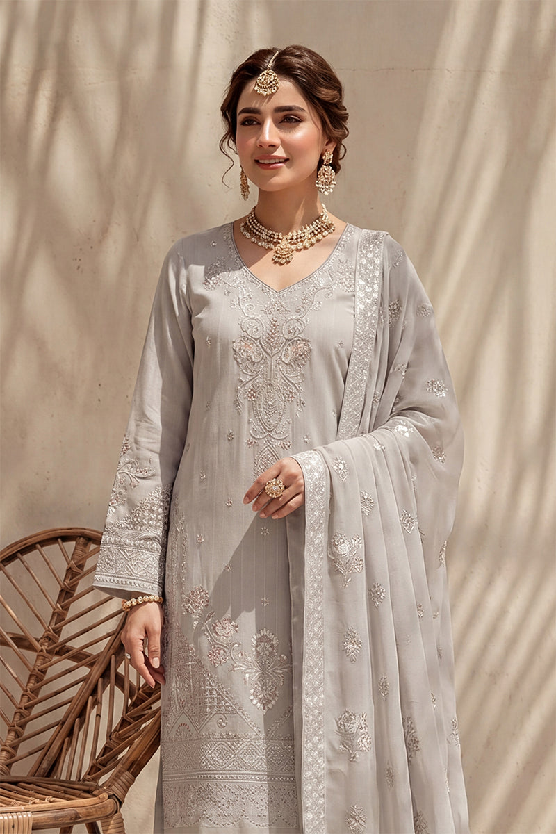 Nishah by Breeza Fashion - 3PC Unstitched Embroidered Lawn Suit (Silver)