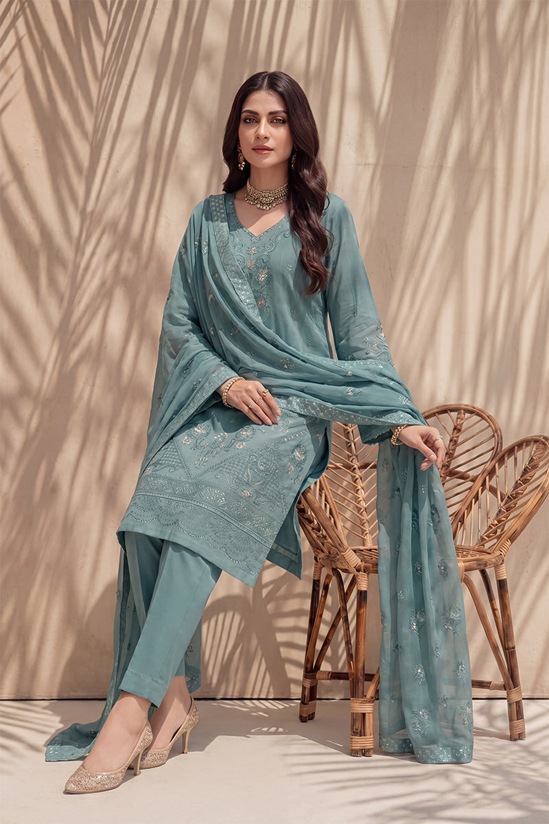 Nishah by Breeza Fashion - 3PC Unstitched Embroidered Lawn Suit (Teal Blue)