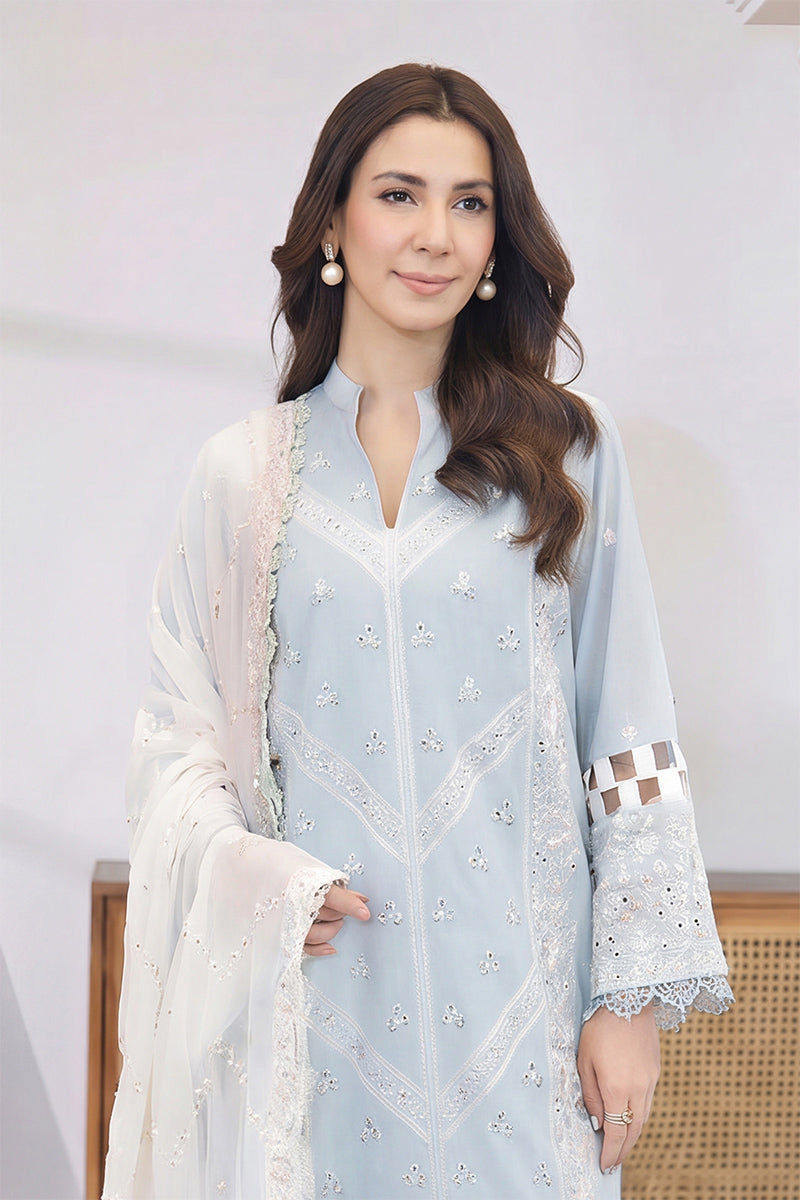 Mashaim By Johra - 3PC Unstitched Embroidered Lawn Suit (Light Blue & White)