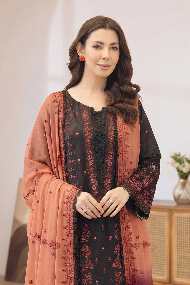Mashaim By Johra - 3PC Unstitched Embroidered Lawn Suit (Black & Terracotta)