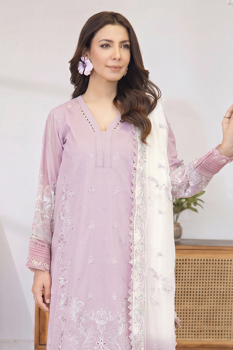 Mashaim By Johra - 3PC Unstitched Embroidered Lawn Suit (Lilac & White)