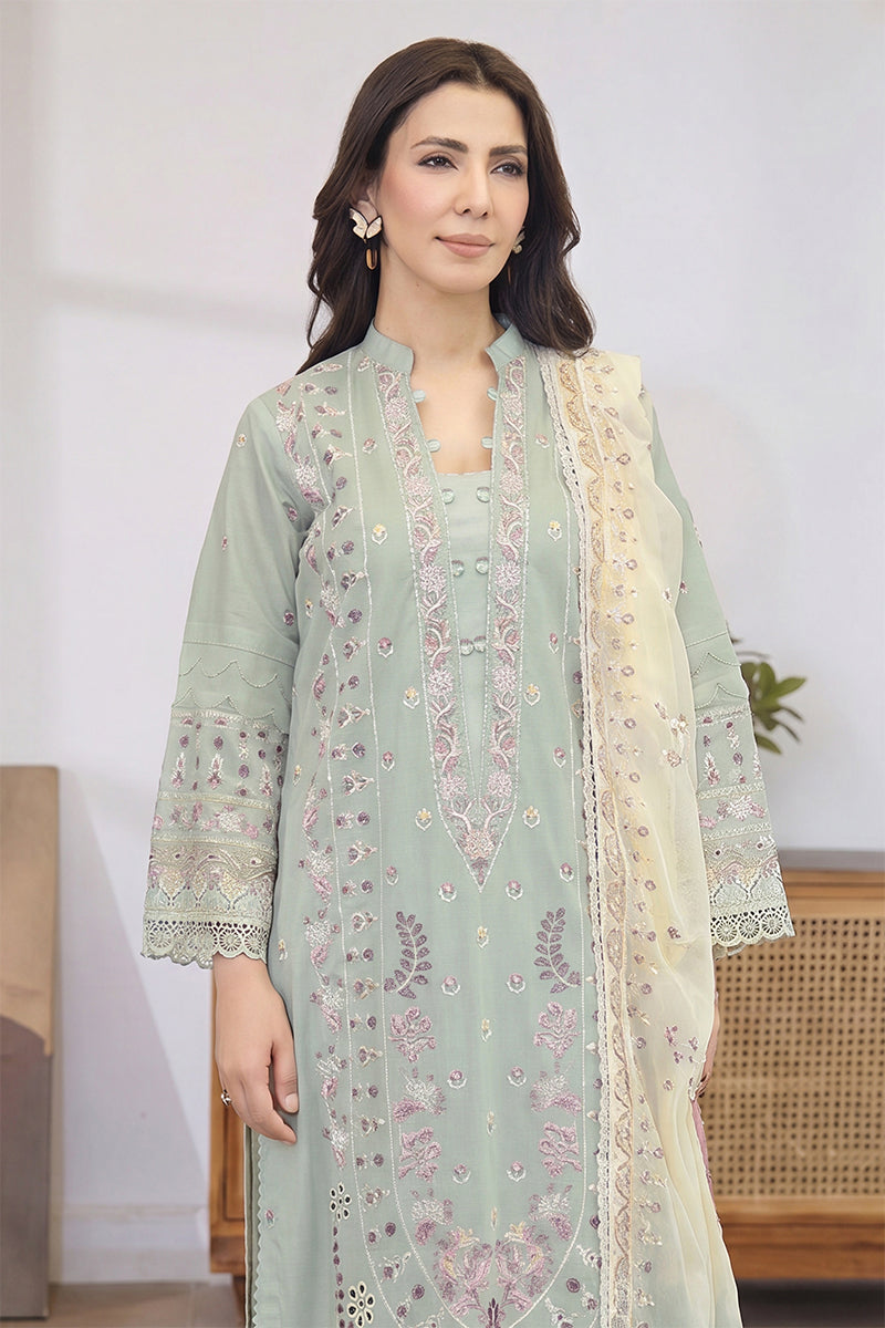 Mashaim By Johra - 3PC Unstitched Embroidered Lawn Suit (Bluesh Green)