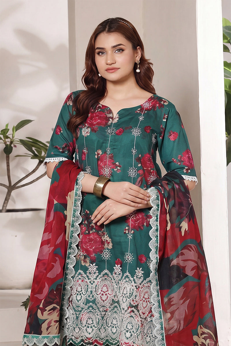 Dhagakari By Moosajee - 3PC Unstitched Embroidered Lawn Suit (Green & Red)