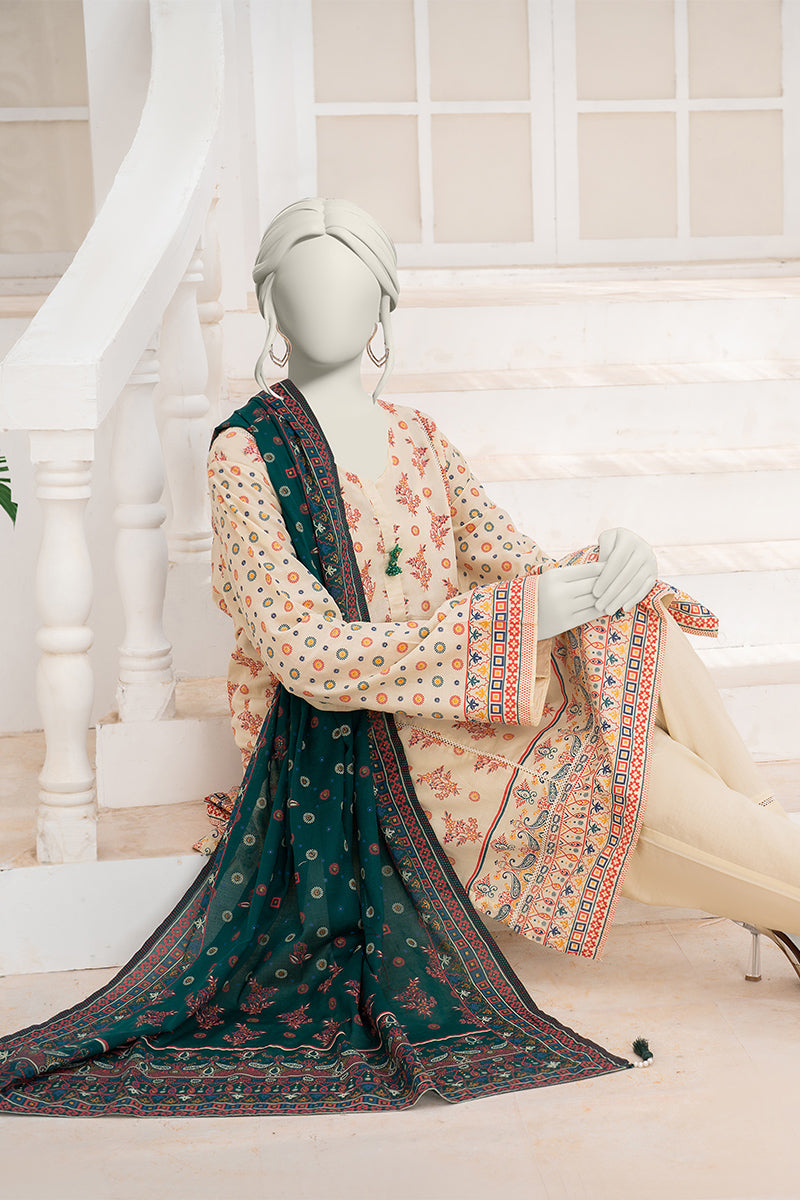 Inaya By KBC Fashion - 3PC Unstitched Printed Lawn Suit (Cream & Forest)